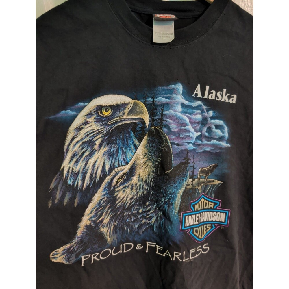 Harley Davidson Proud And Fearless Wolf & Eagle T-Shirt Mens 2XL Vintage Alaska